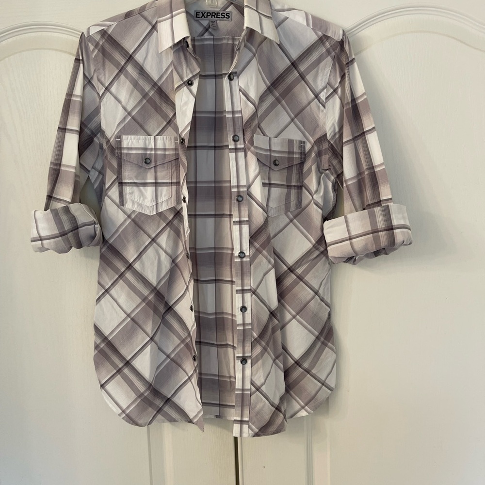 Express Men's Casual Plaid Shirt - Taupe and Cream